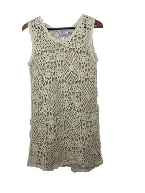 Midnight Blues Vintage Crochet Mini Dress Sleeveless Floral Women's L Beige